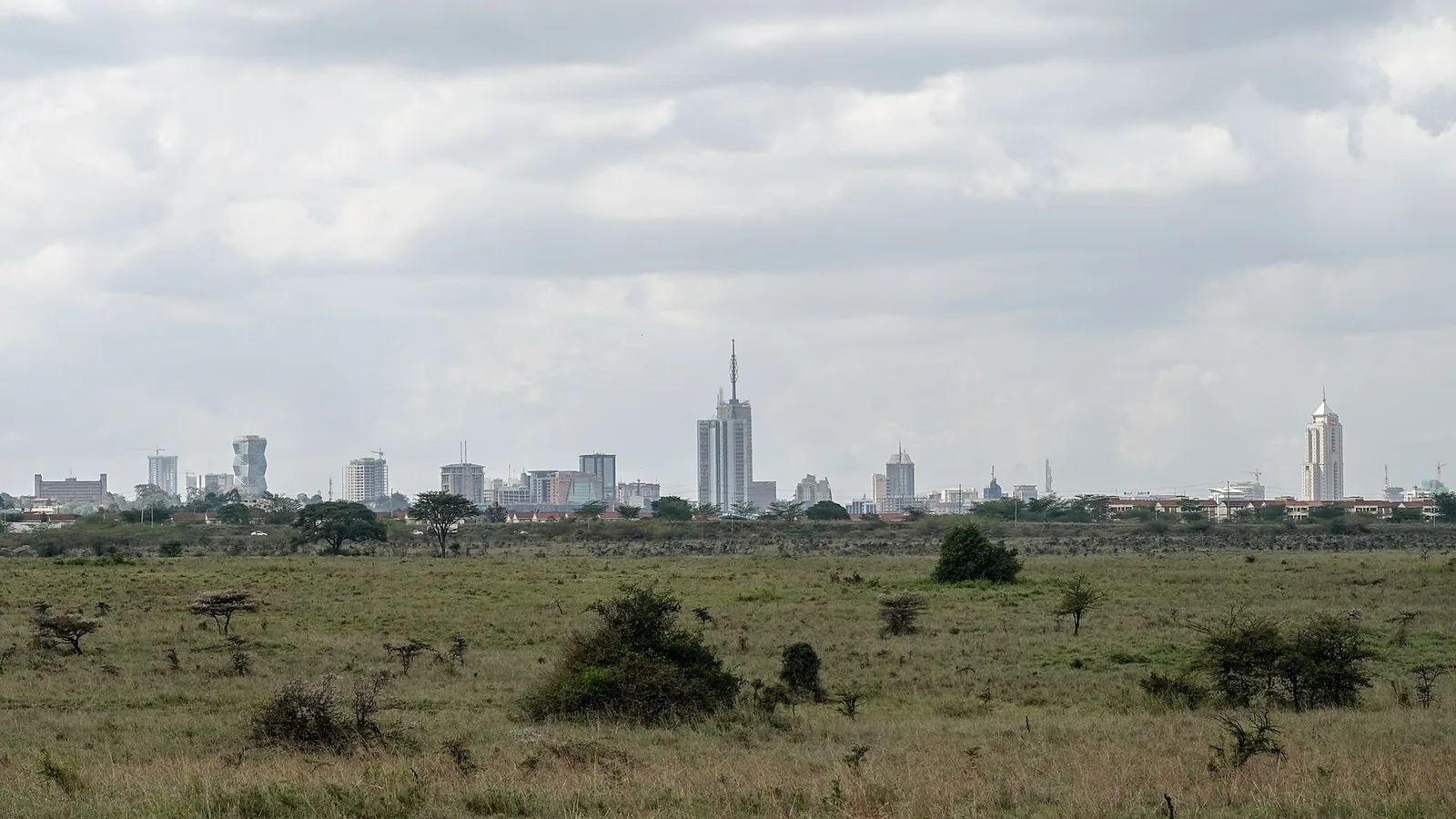 Nairobi skyline seen across the savanna of Nairobi National Park.