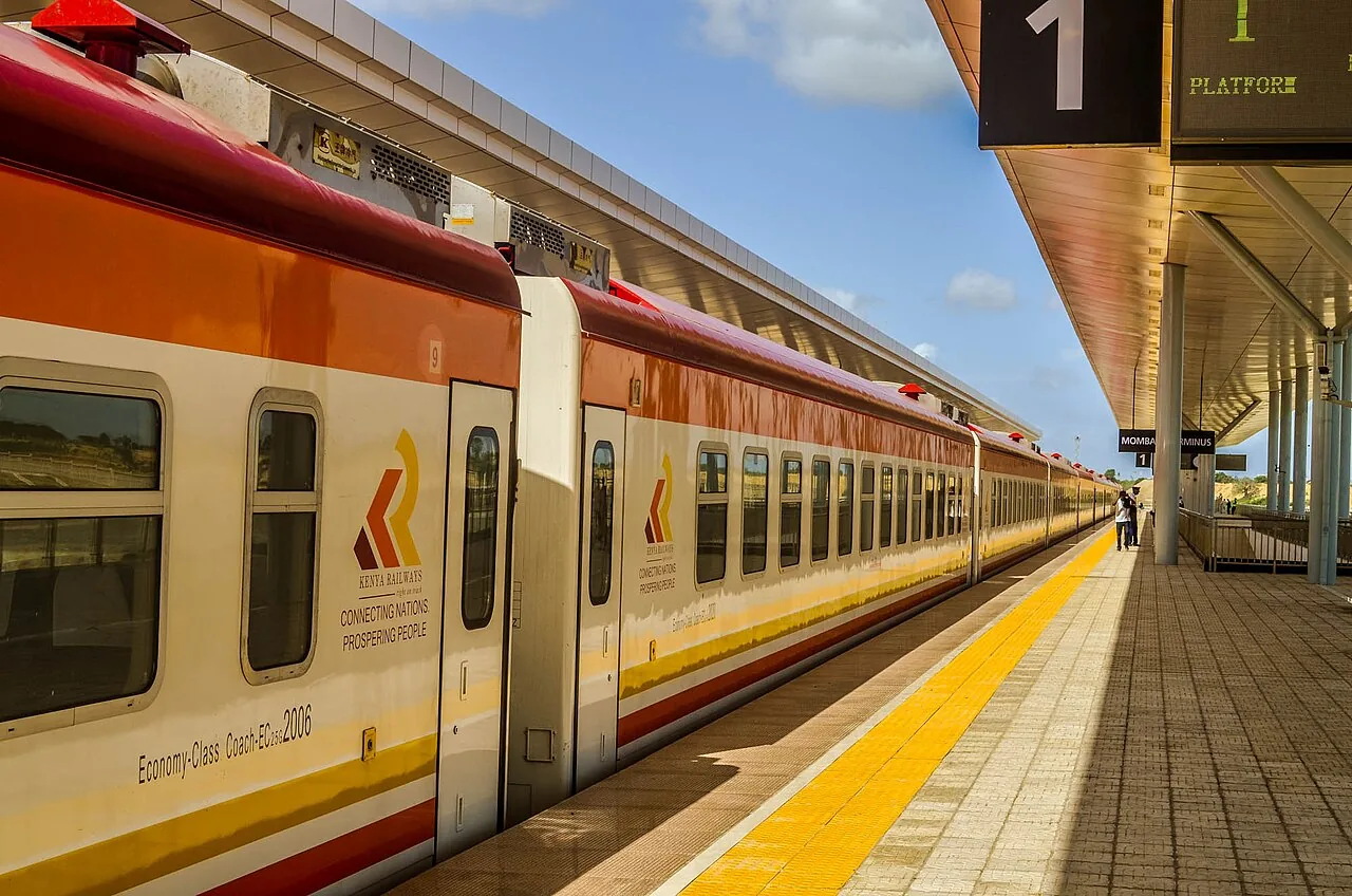 A Madaraka Express passenger train at Nairobi Terminus, Kenya.