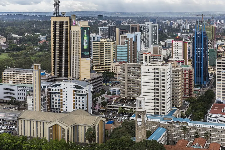 Nairobi city centre and Holy Family Basilica viewed from the Kenyatta International Convention Centre.