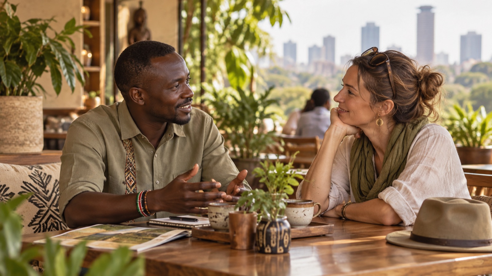 A traveller talking with a local host in Nairobi
