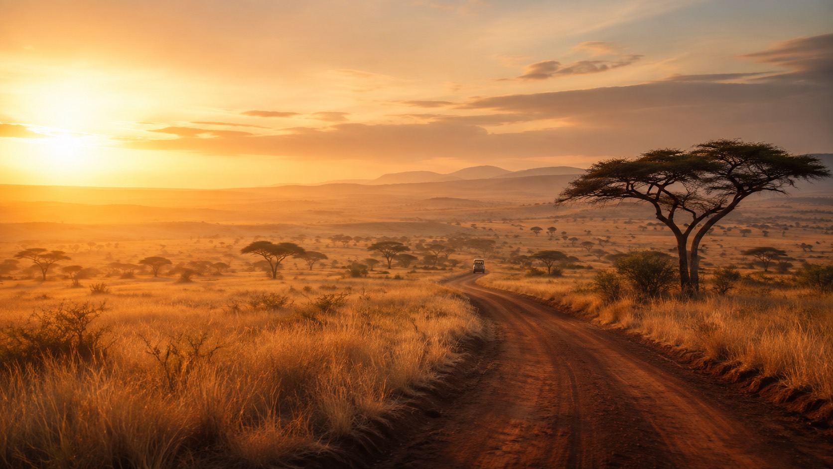 A sunrise road through Kenya's savannah
